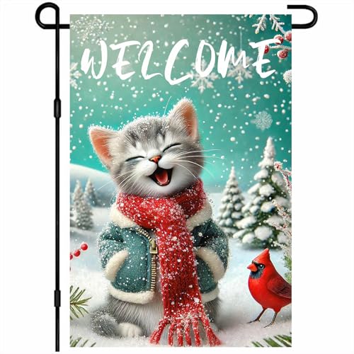 Image of BlissYard Cat Snowflake Winter Garden Flag 12x18 Inch Polyester