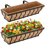 VOXOR Railing Planter Boxes, Heavy Duty Window Box Planters, Adjustable Balcony Planters for Railing Hanging, with Coco Liner & Support Rod for Deck, Porch, and Patio Gardening (2 Pack, 30 Inch)
