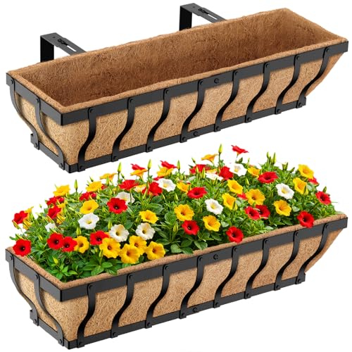 VOXOR Railing Planter Boxes, Heavy Duty Window Box Planters, Adjustable Balcony Planters for Railing Hanging, with Coco Liner for Deck, Porch, and Patio Gardening (2 Pack, 30 Inch)