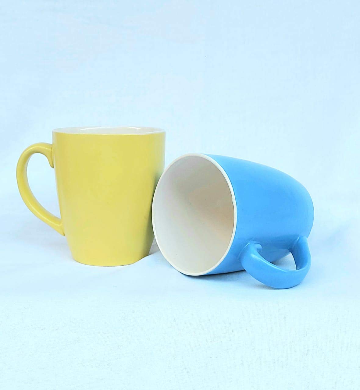 JAPSI Exclusive Hand Made Ceramic Coffee Mugs 320 ml (Set of 2) Matte Blue and Lemon