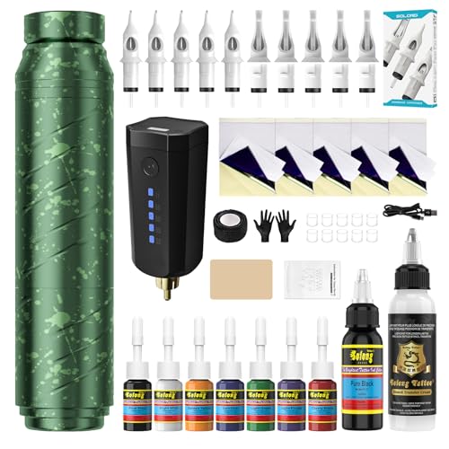Tattoo Kit - 1600mAh Tattoo Machine Pen with 10 Cartridge Needles, Transfer Paper, and 60ml Transfer Gel for Beginners EF-TK-P753KITB-10