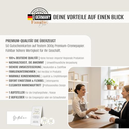 Eummel Gutscheinkarten zum Selbstausfüllen (50er DIN Lang) - Blanko Gutscheine zum Ausfüllen als Vorlage | inklusiv Aufsteller & Aufkleber | Gutscheinvorlagen auf 300g Cremepapier