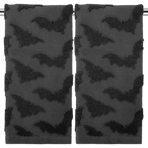 JarThenaAMCS 2Pcs Halloween Hand Towels 3D Jacquard Cotton Bath Towel Spooky Bat Absorbent Dish Towel for Housewarming Home Kitchen Bathroom Decor Gift Set