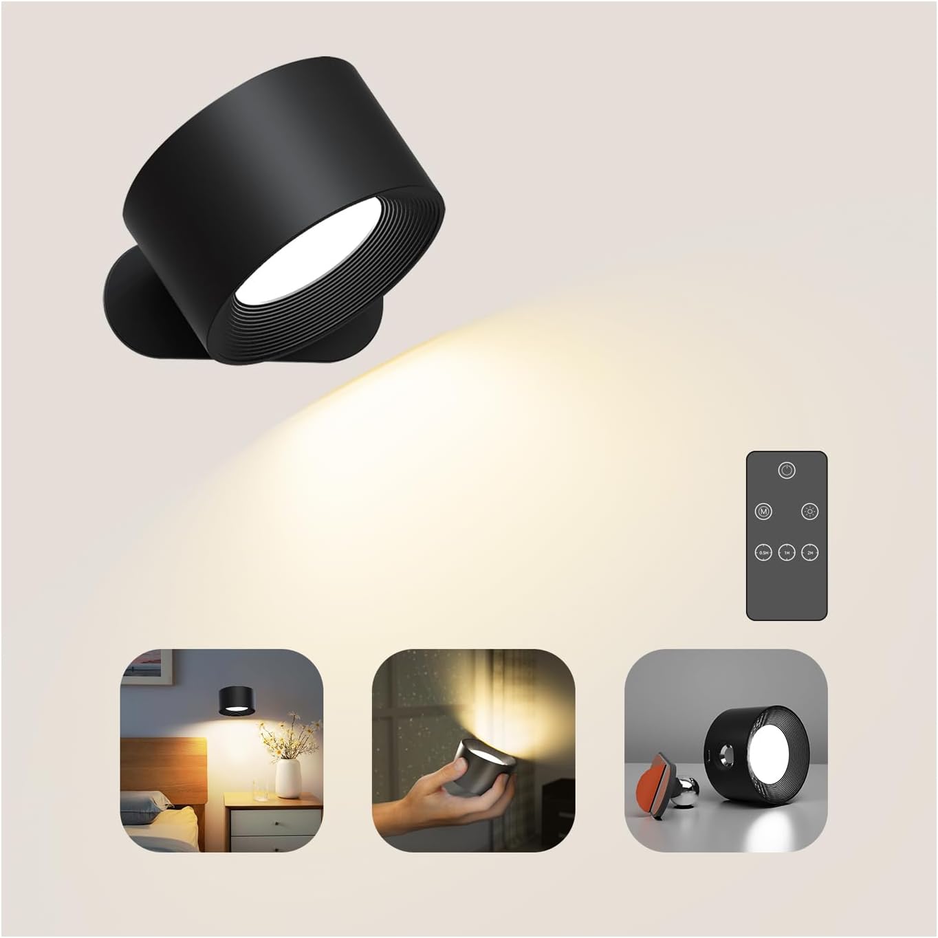 Coollamp Battery Wall Light, Indoor Wall Lamp with Remote/Touch Control, Rechargeable Battery, 3 Color Modes, 3 Dimmings, 360 ° Rotate, LED Wall Sconce for Reading Bedroom Living Room-Black 1PC