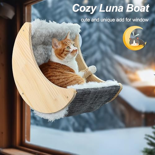 Image of Cat Window Perch, Plywood Moon Bed with 4 Heavy-Duty Suction Cups | Ultra Plush Faux Wool Fur,Window-Mounted, Drill-Free, Up to 40 lb Support, For Small to Medium Cats, Machine-Washable Pad