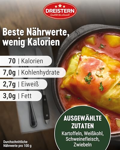 DREISTERN Kohlroulade 400g I Mit würziger Fleischfüllung in Sauce I Herzhaftes Fertiggericht in Mikrowellenschale I Lange Haltbarkeit dank natürlicher Konservierung I Hausmacher Qualität