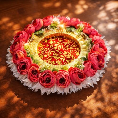 Image of SATYAM KRAFT 1 Pc Handcrafted Engagement Ring Holder Platter Round thali-Ideal for Ring Ceremony, Sagai,shaadi Decor,Marriage, Handmade Decorative Platter for Brides Maid (Pink)