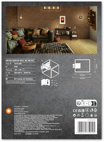 Ledvance, kinkiet LEDVANCE DECOR Nairobi, czarna, z oprawką E27 ułatwiającym wymianę lampy, może być wyposażony w zwykłą lub inteligentną lampę LED, stopień ochrony IP20