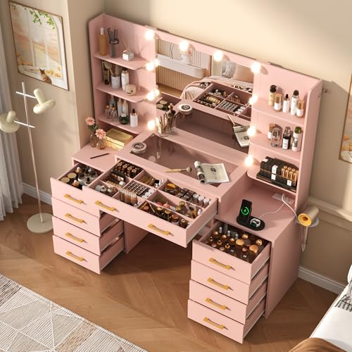jiteentarou 55 Large Glass Top Makeup Vanity with Lights and Charging Station Professional Vanity Desk with 9 Drawers & 6 Shelves Visualized Storage Dressing Table FSC Certified Wood Pink