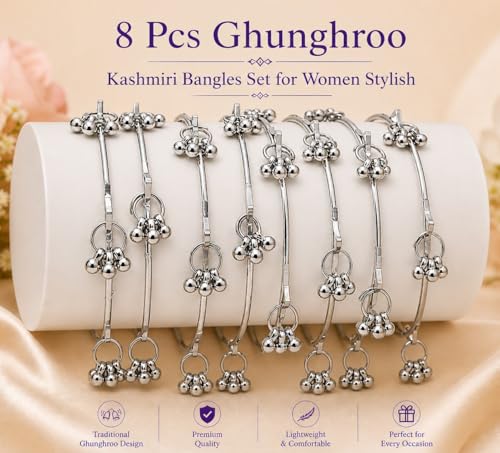 Image of 8 Pcs Ghunghroo Kashmiri Bangles Set for Women Stylish | Gold Tone Kashmiri Chudi | Lightweight Traditional Jewellery
