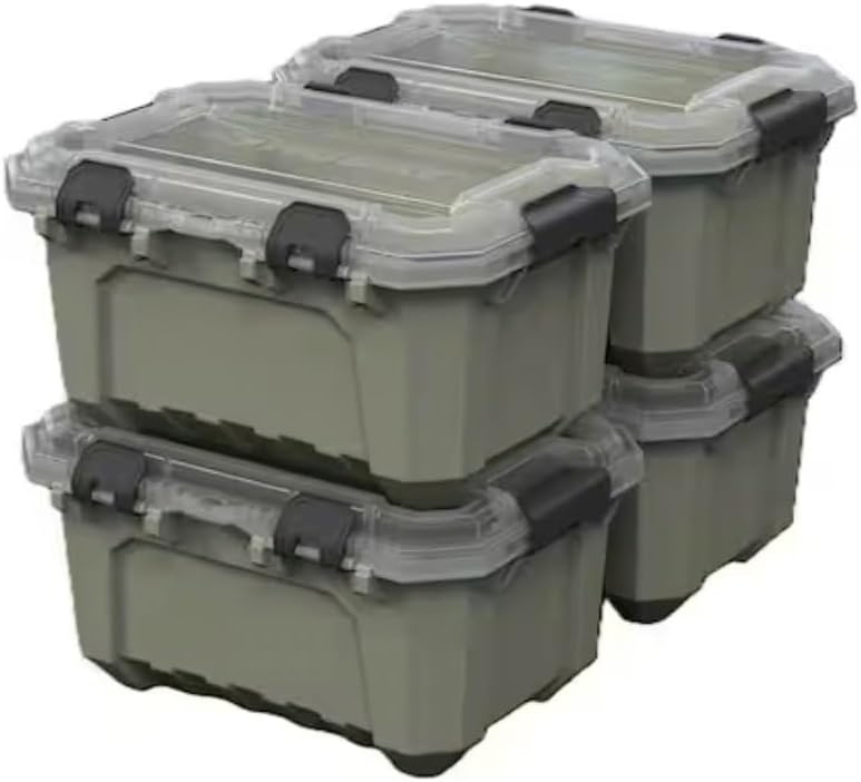 5-Gallon Heavy Duty Plastic Storage Container with Hinged Lid, Waterproof, Stackable, Army Green, 4-Pack