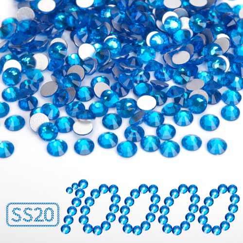 Image of 10000PCS Capri Blue Rhinestones Bulk, Flat Back Crystal Glass Stone Round Gems,SS20, 4.6-4.8mm