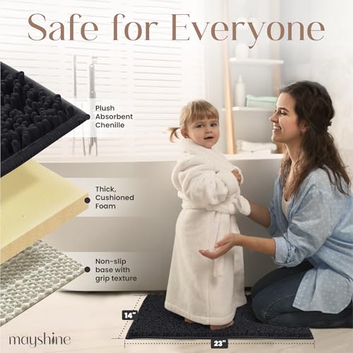 Image of MAYSHINE Small Plush Shaggy Chenille Bath Mat 23 inchx14 inch| Extra Soft, Super Absorbent, Non-Slip Bathroom Rug | Fluffy Microfiber, Area Rug Sets for Bathroom Floor, Kitchen, Living Room |Black