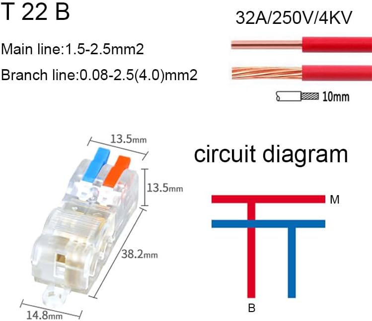 T Type Wire Connector Quick Splice Terminals Crimp Non Destructive Without Breaking Cable Insulated Line(T22 B,10PCS)