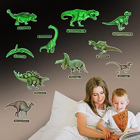 Glow in The Dark Dinosaur Wall Stickers - 10 Large Bright Wall Decals for Bedroom Walls and Ceilings - for Boys Room and Girls Room - Set 1 Cover