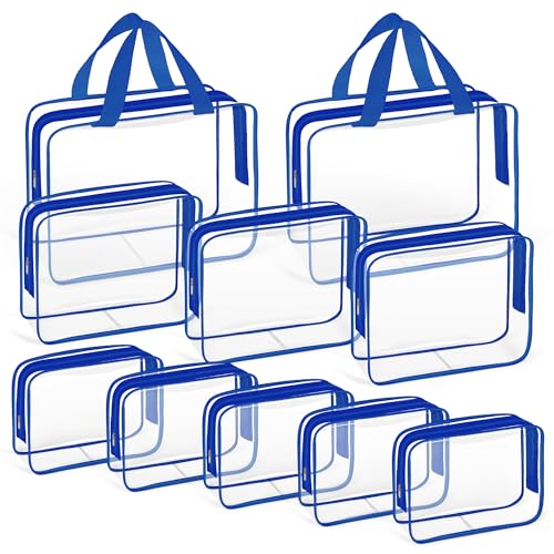 TISRATOK 10 PCS Clear Travel Makeup Toiletry Bag, Plastic PVC Cosmetic TSA Approved Organizer Kit with Zipper Handbag?Blue?