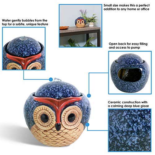 Sunnydaze Ceramic Owl 6-Inch Indoor Tabletop Fountain - Electric Submersible Pump with Adjustable Flow - Soft Water Sounds