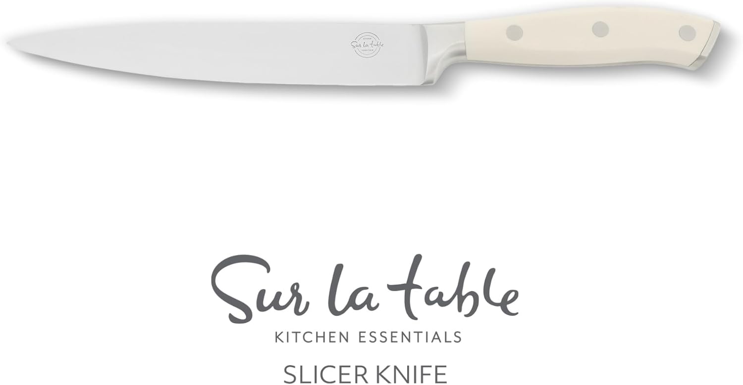 Sur La Table Kitchen Essential Tasting Kitchen German Steel Slicer Knife, 8-Inch Stainless Steel Blade – Professional Kitchen Knife with White Handle and Forged Full Tang