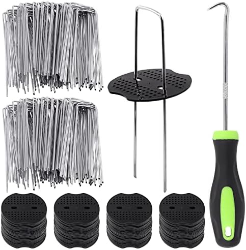 Glarks 201Pcs Garden Stakes Staples Kit, 100Pcs 6 Inch U-Shaped Landscape Staples, 100Pcs Fixing Gasket with 1Pc Pick Hook for Weed Barrier Fabric, Ground Cover, Holding Fence and Artificial Turf