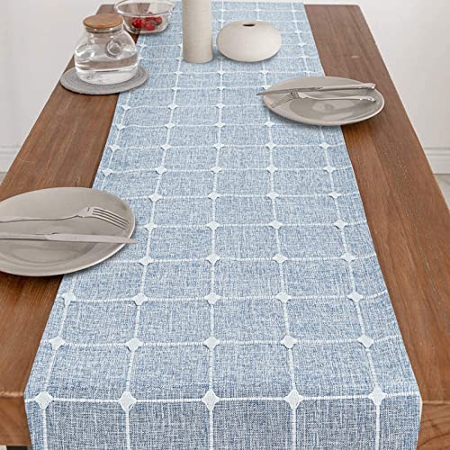 Armindou Boho Table Runners With Tassels, Rustic Farmhouse Table Runners 72 Inches Long, Cotton Linen Plaid Dining Table Runners French Country Modern Kitchen Table Runners, Hemstitched Blue 14" X 72" #TOP6