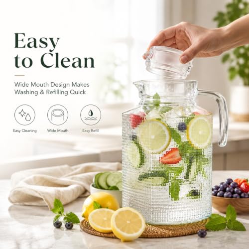 Image of Wringo Premium Glass Water Jug - 2LTR, Transparent, Hot Cold Water Glass Pitcher with Wooden Lid Water Jug, Iced Tea, Milk and Juice Beverage Carafe, Lemon Jug 2000ML (WQ-19)