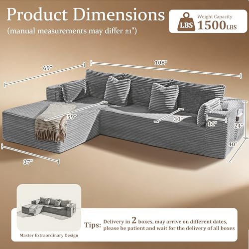 Image of 108 inch Oversized Cloud Sectional Couch, Comfort L Shaped Boneless Couch for Living Room, Extra Deep Seats No Assembly, Minimalist Modular Sofa, Corduroy (Light Grey, 2 Seater+Left Facing Chaise)
