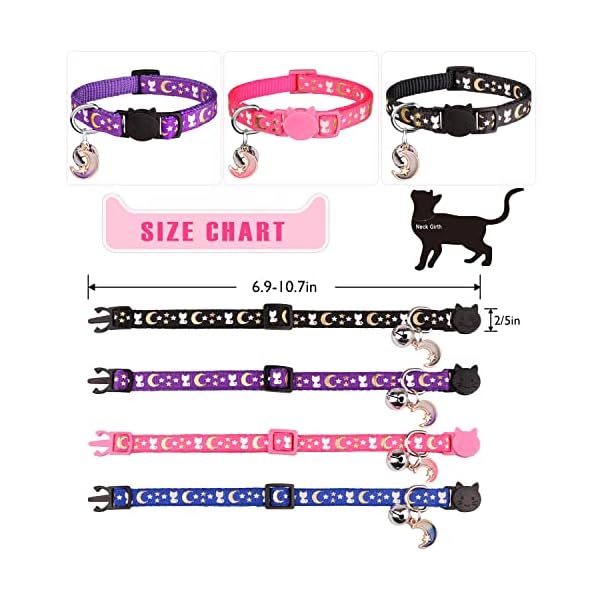 Hinialver 4 pcs cat collars with bell breakaway gold moons and stars adjustable safety kitten collars with charm glow in the dark - image 4