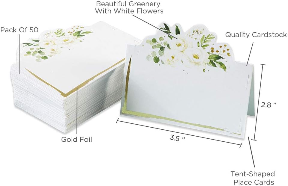 Kate Aspen Sage Green Party Decorations, Eucalyptus Floral Tent Place Cards (Set of 50) - Perfect for Greenery Baby Shower & Bridal Showers