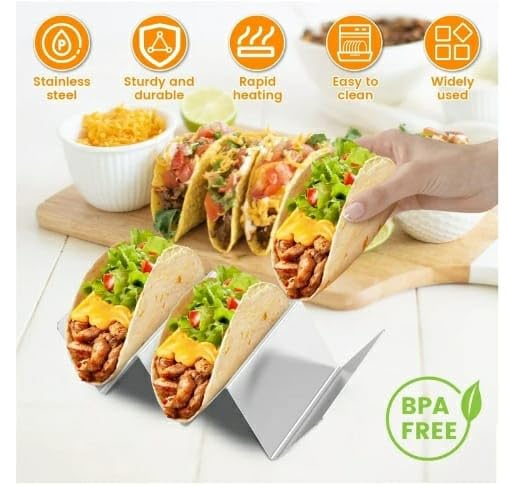 Shoppers Hub PNQ 3 Grid Stainless Steel Taco Holder | Taco Shell Rack & Serving Tray Stand | Multipurpose Taco Serveware Platter for Frankie, Sandwich, Hotdog, Rolls & Starters. (No of Slots: 3) 2