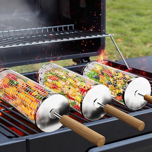 Ivtivfu Nestendes Rollendes Grillkorb Set mit Holzgriff (3 Stück, 30cm × 10.9cm), Rolling Grilling Basket, Grillnetzrohr für Den Außengrill für Gemüse, Grillkorb Edelstahl Zylindrisch, Grillnetz.