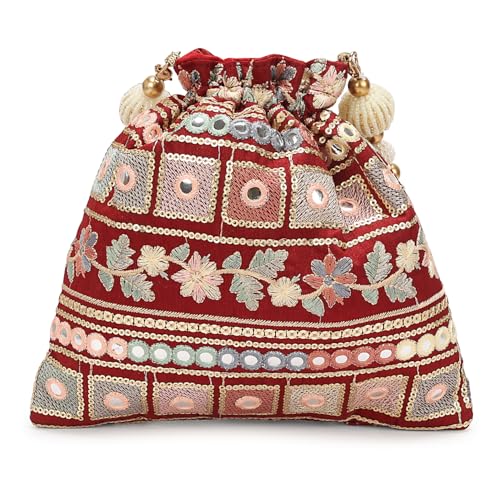 Image of LONGING TO BUY Indian Embroidered Pearl Potli Bag For Women, Sequence Design with Tassel, Wedding Potli Bags