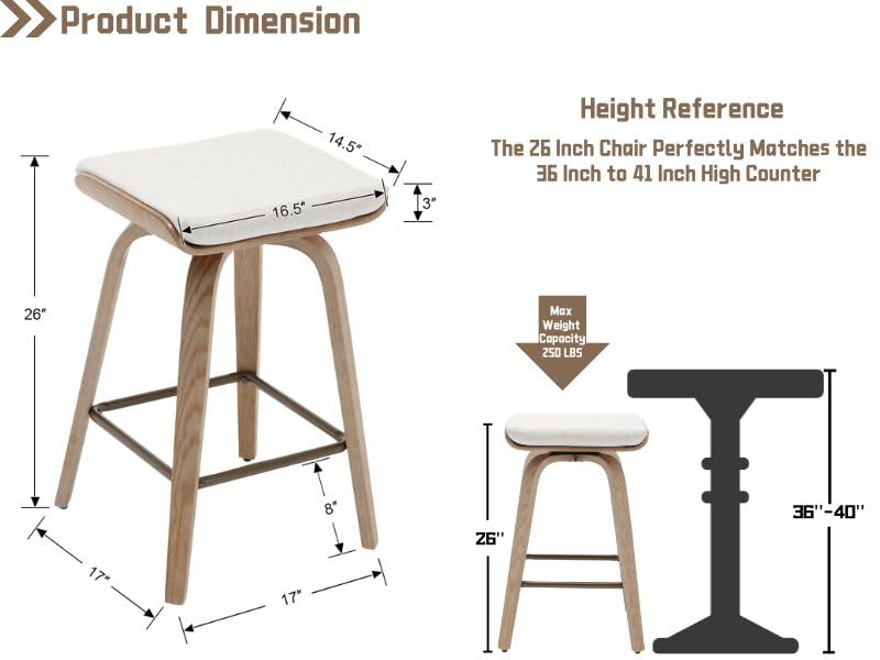 Image of HNY 26 inch Swivel Bar Stools Set of 4, Backless Counter Height Bar Stools with Removable Linen Cushion, 360 Swivel Wooden Saddle Stools with Footrest for Kitchen Island, Home Bar & Small Spaces