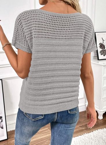 Image of SHEWIN Womens Sweaters Crew Neck Short Sleeve Shirts Summer Tops Knit Hollow Out T Shirts Sweater Blouses