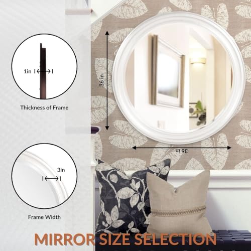 Image of Howard Elliott Collection George Round Glossy White Wall Mirror, Bevelled Vintage Hanging Wood Framed Vanity Mirrors for Home Decor, Living Room, Bathroom, Bedroom, or Hallway, 36 Inch Round