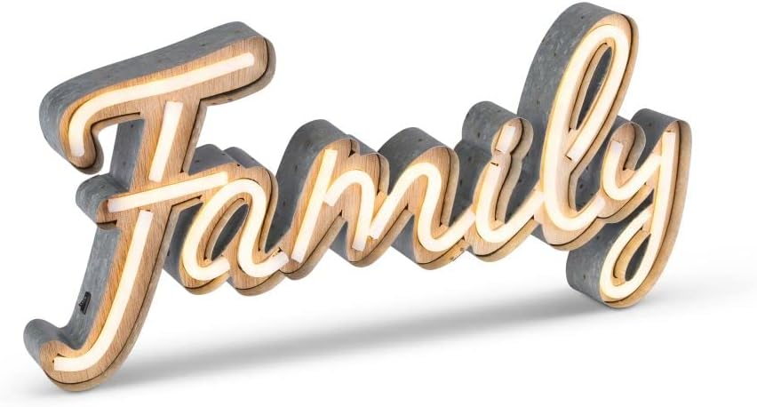 Lone Elm Studios 21" L Metal/Wood LEDSign-Family Home Decor, 21.4InL x 1.97InW x 10.04InH, Galvanized