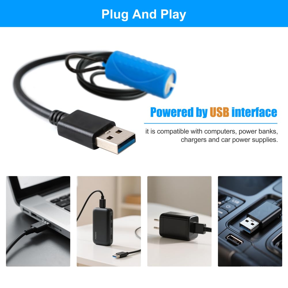 DaToo Mini bomba de aire USB para acuario, ultra silenciosa, bomba de aire con cierre negro para colgar, bomba aireadora de oxígeno portátil para acuario, incluye tubo de aerolínea y piedra de aire