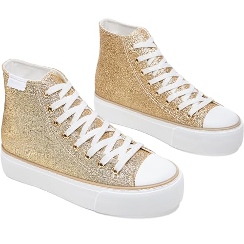 Best Sneakers for Sneaker Ball: Sparkle & Style 12 ALTOCIS High Top Glitter Sneakers Mid Top Platform Sparkly Sequin Shoes Women Cute Shiny Fashion Sneakers Bling Platform Walking Shoes(Gold US9)