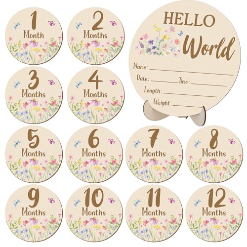 Image of 7pcs Wooden Baby Monthly Milestone Cards Double Sided Baby Birth Sign | Hello World Milestone Sign Discs Pregnancy Baby Shower Gifts for Newborn Photo Props
