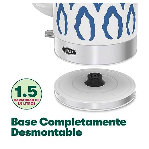 BELLA Hervidor Eléctrico, Calentador de Agua de Cerámica con Base Giratoria Desmontable, Apagado Automático y Protección Contra Ebullición, Capacidad de 1,5 L, Azul Azteca