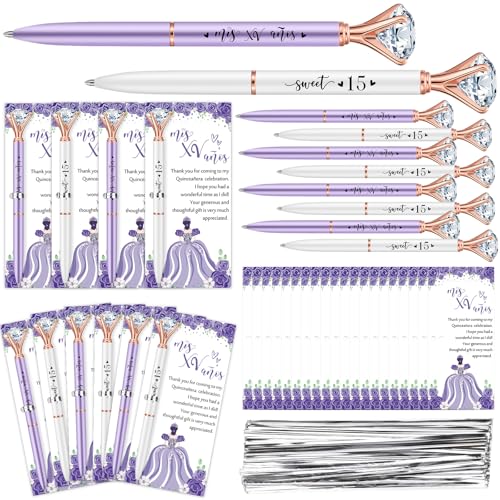 Gilprop Juego de 50 recuerdos de fiesta de quinceañera para invitados, 15 bolígrafos de diamantes a granel con tarjetas de agradecimiento y corbatas, regalos de agradecimiento de 15 cumpleaños (morado Gilprop Juego de 50 recuerdos de fiesta de quinceañera para invitados, 15 bolígrafos de diamantes a granel con tarjetas de agradecimiento y corbatas, regalos de agradecimiento de 15 cumpleaños (morado