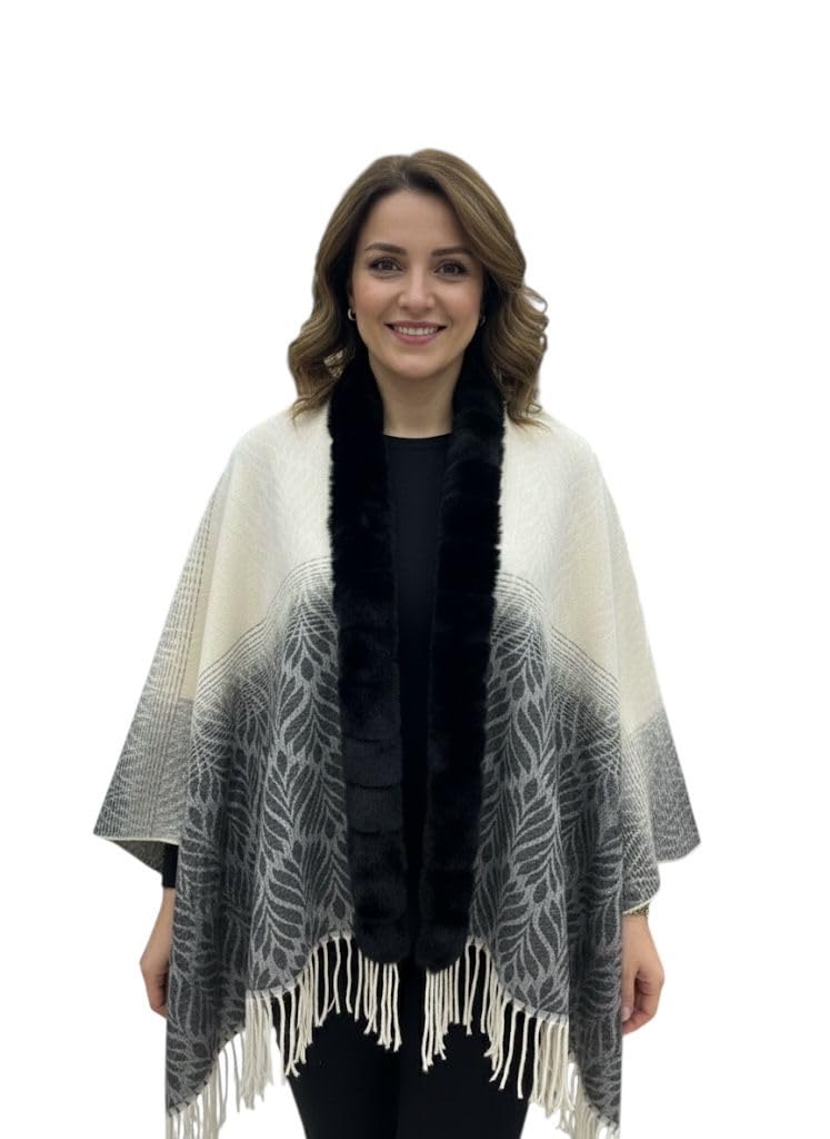 Women's Elegant Faux Fur Trim Poncho Cape Cozy Wrap for Layering and Style Versatile Knitted Shawl with Tassel-image-36
