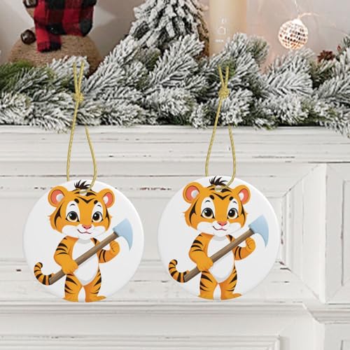 WHJDPP Tiger cub with an Axe Printed Christmas Tree Ceramic Round Pendant - 2.9 in Holiday Decorations - Image 8