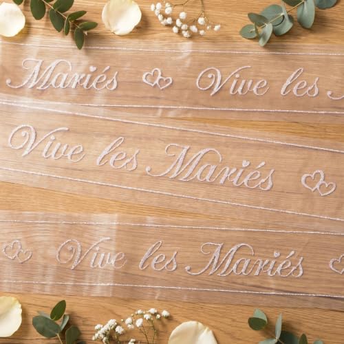 Tulle Vive les Mariés 8cmx10m Rouleau Ruban Blanc Pailleté Décoration Mariage pour Voiture Chaise Table Chambre