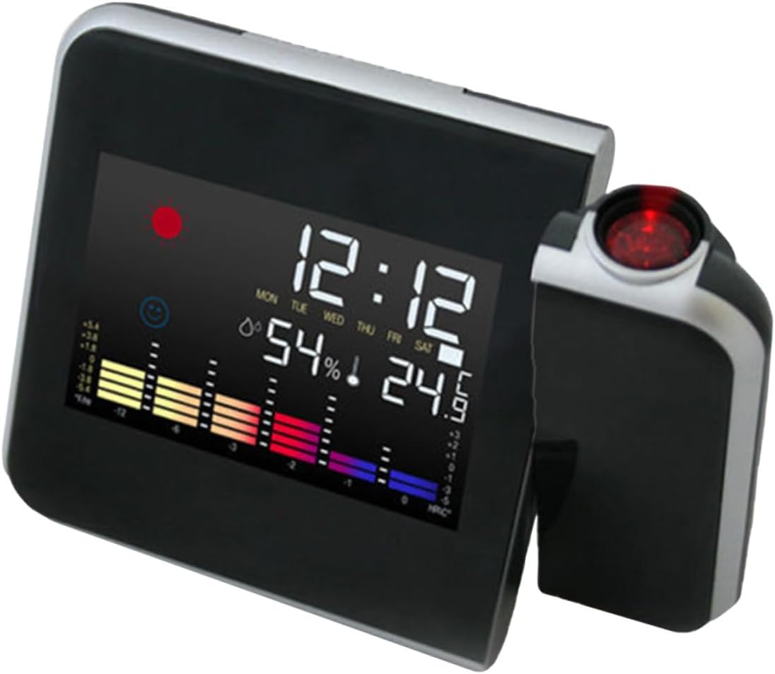 STAHAD Battery Powered Projection Alarm Clock Black with Rotating Projector LED Backlight Snooze Date Temperature Humidity Display Celsius Fahrenheit Compact Design