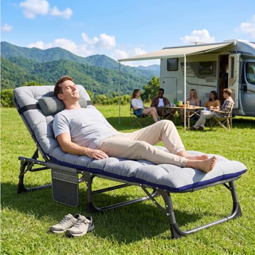 Image of ABORON Patio Lounge Chair, Adjustable Folding Chaise Chair, Max 450LB Load | 5-Gear Adjustable, Zero-Assemble, 75in Length, With Cotton Pad, Side Pocket, for Home, Garden, Beach, Office, Camping