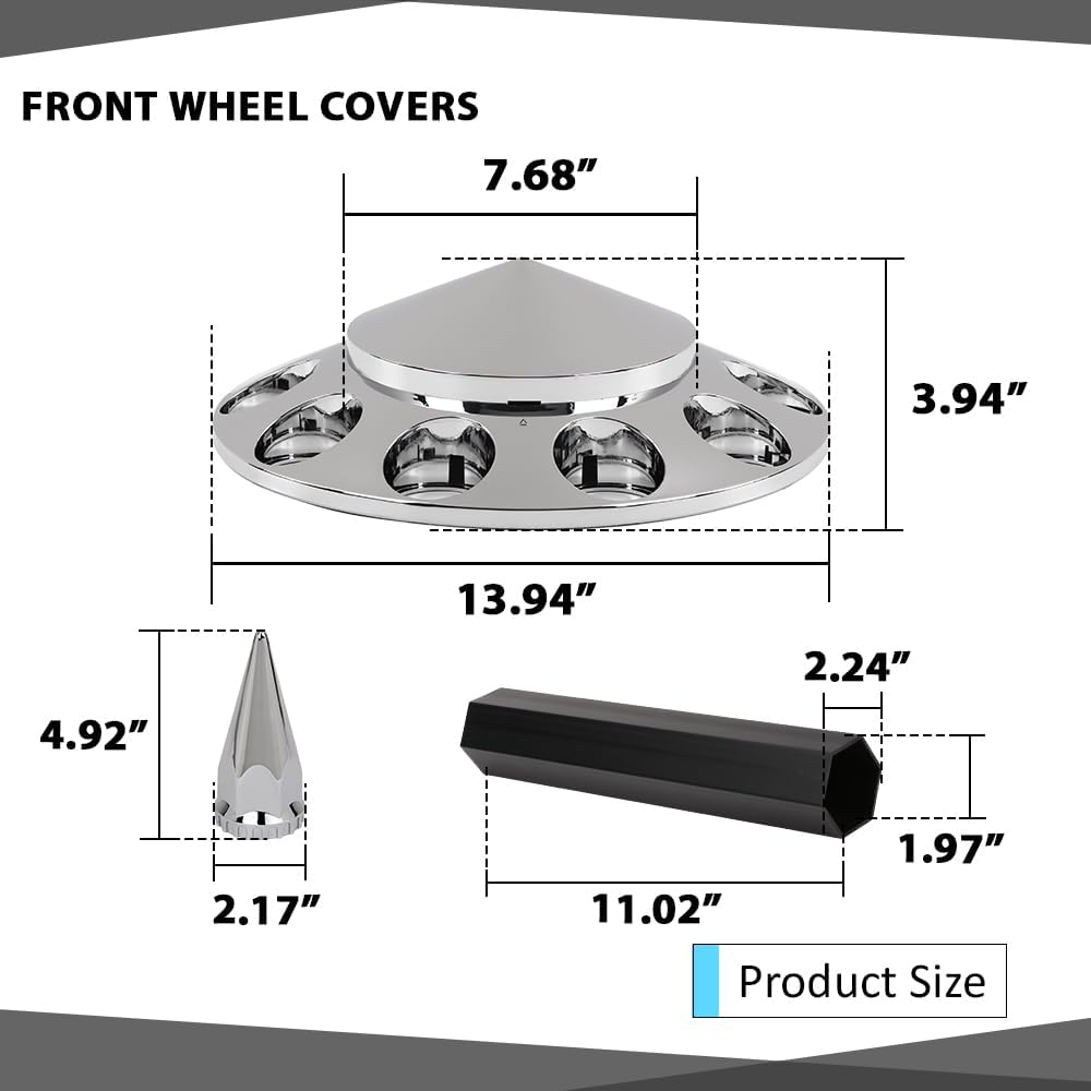 Front Wheel Cover Hub Cover Set Compatible with 24.5" Wheels Chrome Semi Truck and Semi-Truck 20",22.5"，Wheel Cover 33mm Nut Covers Spiked