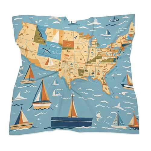 Satin Head Scarf Like Silk Hair Scarf Nautical Sailboat Map Headscarf Breathable Neck Scarfs Lightweight Kerchiefs Small Square Scarves Sleeping Wraps Women Bandana 18"×18"3