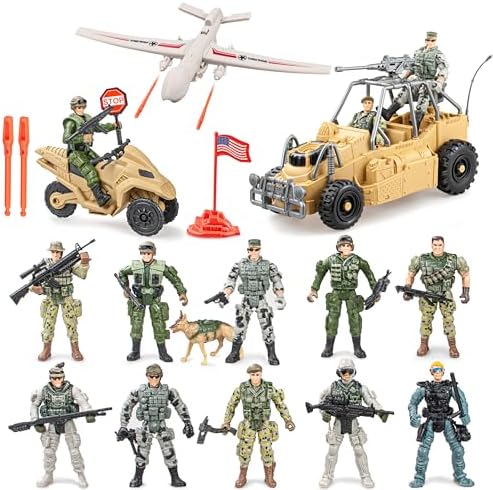 10PCS US Army Men Action Figures with SWAT Team, K9 Dog, ATV, Drone, Motorcycle & 14 Weapons - Military Action Figures, Army Toys, Toy Soldiers Playset for Kids