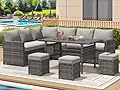 U-MAX 7 Pieces Patio Furniture Set, Outdoor Sectional Sofa Conversation Set, All Weather Wicker Rattan Dining Table & Chair with Ottoman, Grey Rattan&Grey Cushion