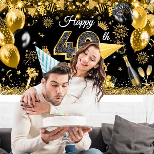Image of Avezano Happy 40th Birthday Banner for Men Black and Gold Glitter Balloon 40 Birthday Party Backdrop 40 Year Old Bday Photo Backdrop Party Supplies 70.8 x 43.3 Inch